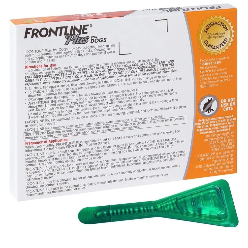 FRONTLINE PLUS FOR DOGS & PUPPIES - 8 wks & OLDER 5 TO 22 LBS - new! 3 dose box